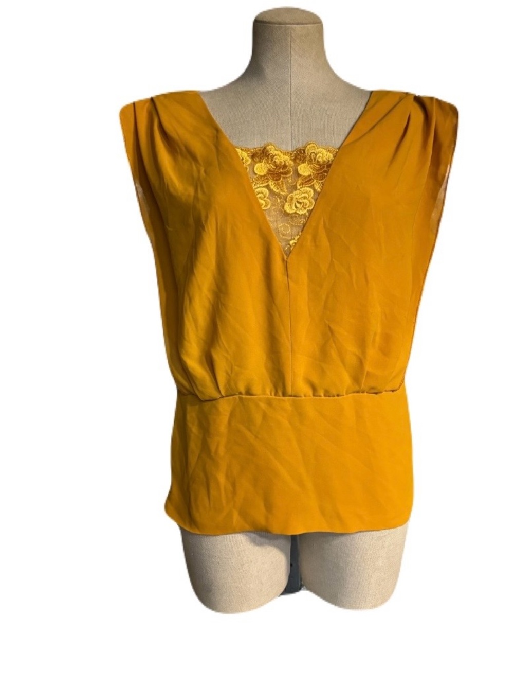 Sleeveless V-Neck Blouse with Lace Inset in Mustard - Women